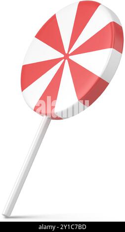 Twisted glossy lollipop red and white stripe on stick for Christmas tree decor Xmas festive celebration 3d realistic vector illustration. Bright class Stock Vector
