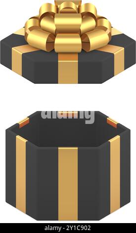 Black empty hexagonal gift box with open lid and luxury golden bow ribbon 3d icon realistic vector illustration. Fashion brutal wrapped container for Stock Vector