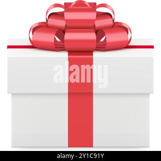 White luxury gift box with festive red bow ribbon greeting present 3d icon realistic vector illustration. Elegant wrapped rectangular package for holi Stock Vector