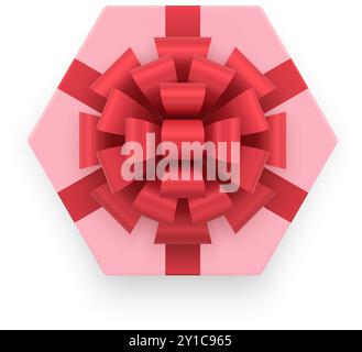 Pink feminine elegant gift box with red luxury bow ribbon top view 3d icon realistic vector illustration. Premium present hexagonal package holiday fe Stock Vector