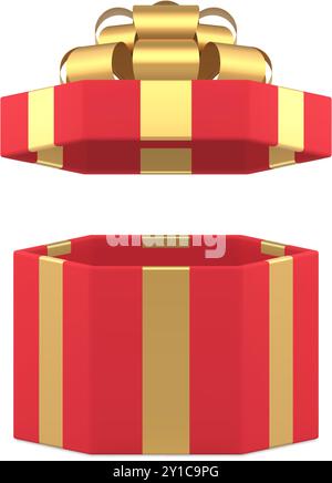Red luxury open hexagonal festive gift box with golden bow ribbon 3d icon realistic vector illustration. Premium stylish present package festive greet Stock Vector