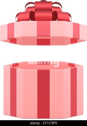 Open elegant feminine pink hexagonal luxury gift box with red bow ribbon 3d icon realistic vector illustration. Premium wrapped present package for Wo Stock Vector