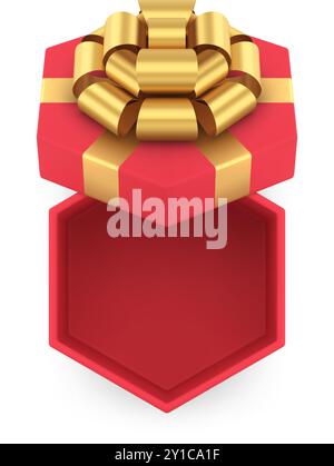 Top view classic fashionable red wrapped hexagonal gift box with open cap 3d realistic vector illustration. Isometric empty polygon cardboard containe Stock Vector