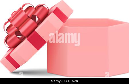 Cute girlish polygonal cardboard gift box decorated by red glossy bow for surprise storage isometric 3d vector illustration. Adorable pink hexagonal p Stock Vector