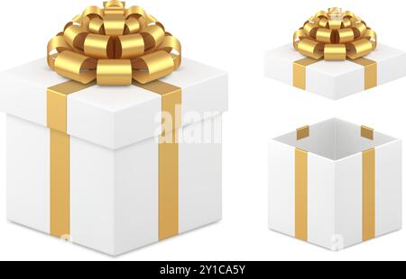 Elegant clean design template festive gift box with open and closed cap set realistic vector illustration. Traditional white present package for holid Stock Vector