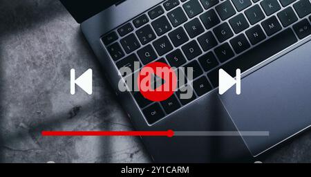 Virtual video streaming on internet. Watching online movie, TV series, show or tutorial on laptop. Multimedia player. Subscription stream or channels. Stock Photo