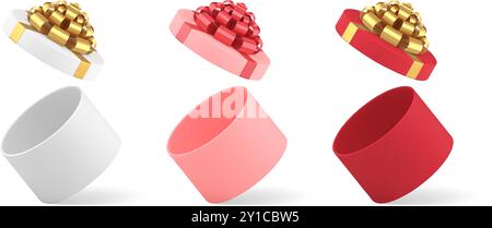 Collection realistic elegant circled open gift boxes decorated by metallic bow ribbon 3d vector illustration. Isometric cardboard package for luxury p Stock Vector