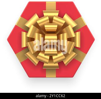 Top view realistic hexagonal red wrapped cardboard package with desired present 3d template vector illustration. Isometric polygonal gift box decorate Stock Vector