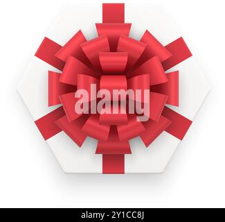 Realistic elegance classic hexagonal gift box tied by big red glossy bow ribbon top view 3d template vector illustration. Adorable tenderness surprise Stock Vector