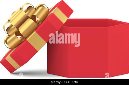 Luxury desired polygonal red gift box with open cap decorated by golden bow ribbon realistic 3d vector illustration. Hexagonal isometric cardboard pac Stock Vector