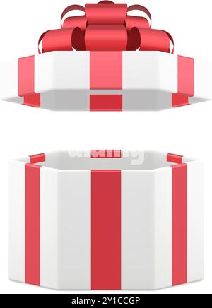 White open luxury gift box with red bow ribbon romantic present 3d icon realistic vector illustration. Elegant premium hexagonal package for greeting Stock Vector