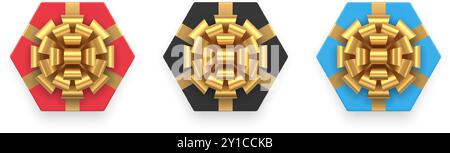 Top view bright realistic hexagonal cardboard box collection for festive holiday congratulations isometric 3d vector illustration. Amazing polygonal b Stock Vector