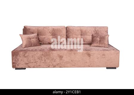 Beige sofa with velor fabric pillows isolated on a white background. Cushioned furniture. Stock Photo
