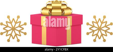 Pink squared Christmas gift box decorative elements for festive holiday celebration realistic 3d icon vector illustration. Premium wrapped present pac Stock Vector