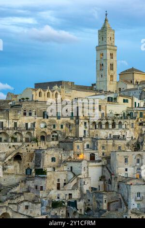 Matera ancient city view with cathedral at sunset, in Italy Stock Photo