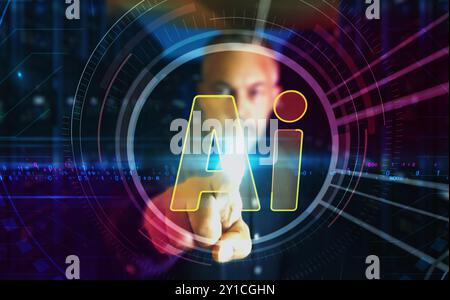 Artificial intelligence AI symbol digital abstract 3d concept. Finger touch screen. cyber technology and network background. Man pushes computer displ Stock Photo