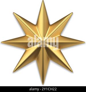 Golden star metallic surface 3d template vector illustration. Realistic expensive jewelry insignia symbol Christmas tree decor interior bauble or spru Stock Vector