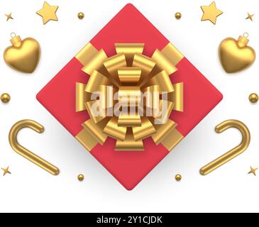 Red gift box with golden bow ribbon premium festive decor for birthday Christmas celebration top view realistic 3d icon vector illustration. Present c Stock Vector
