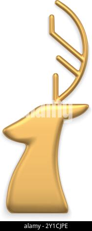 Luxury golden north deer head with horns traditional Christmas bauble side view realistic vector illustration. Expensive festive winter holiday statue Stock Vector