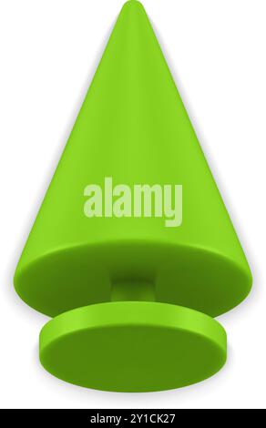 Realistic cute glossy green Christmas tree statuette minimalist cone shape on stand isometric vector illustration. Luxury Xmas spruce bauble mockup in Stock Vector