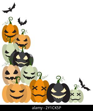 Halloween party decoration corner with bats, pumpkins, witch hat. Cute Jack O Lantern Evil Pumpkin corner for Halloween. Simple banner hanging party Stock Vector
