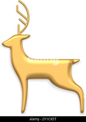 Classic north deer golden metallic bauble statuette decorative design side view realistic vector illustration. Luxury horned animal toy 3d template fo Stock Vector