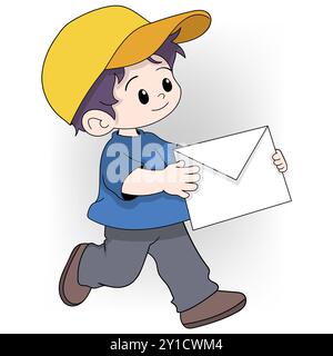 A cute cartoon boy wearing a yellow cap and blue shirt is shown walking while holding a white envelope. Stock Vector