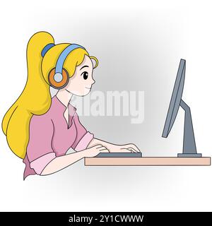 An illustration of a blonde woman wearing headphones and working at a computer in a call center Stock Vector
