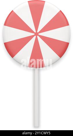 Cute realistic red striped ornamental circle lollipop on stick glossy metallic 3d template vector illustration. Realistic caramel sweet candy dessert Stock Vector