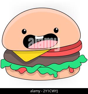 vector, illustration, food, cartoon, character, hamburger, burger, art, cute, meal, drawing, bun, sandwich, crazy, tomato, lettuce, bread, design, mea Stock Vector