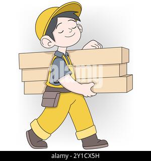 An illustration of a content carpenter walking while carrying wooden planks. He is dressed in yellow overalls and a matching hard hat Stock Vector