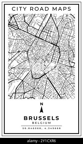 Monochrome Line Art Map of Brussels City of Belgium, Illustration and home decoration Stock Vector