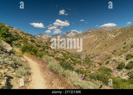 A mountain range with a dirt road leading to it. The sky is blue and there are some clouds Stock Photo
