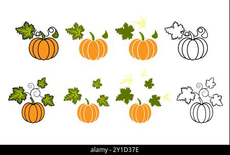 A cartoon pumpkin on a white background. Pumpkin drawing components. Color fill and black-and-white outline coloring book. Stock Vector