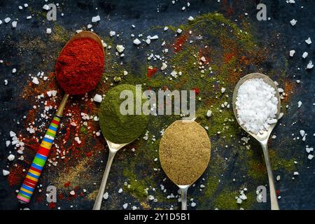 Old metal spoons with different kind of spices on black background. Flat lay. Top view. Food concept. Dark mood food photography. Stock Photo