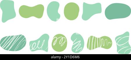 Set of organic irregular green blob shapes with hand drawn crayon textures Random deform spot fluid circle Isolated on white background. Retro amoeba Stock Vector