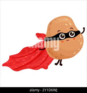 Cartoon character super hero potato red cape flying and waving hand, excited smiling expression, flat vector illustration isolated on white background Stock Vector