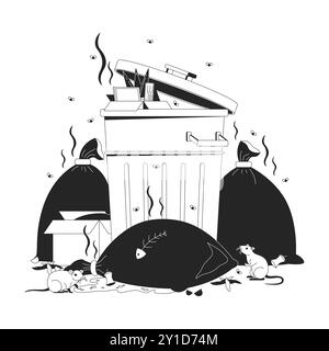 Smelly garbage container and bags with rats cartoon black and white line illustration Stock Vector