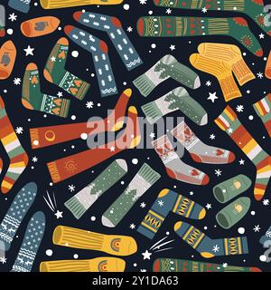 Seamless pattern with snowflakes and different doodle hand drawn socks on dark background. Vector illustration Stock Vector