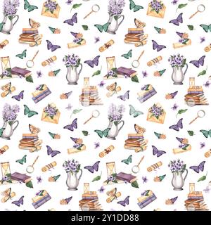 Vintage seamless pattern with books, butterflies, scrolls, violet flowers. Hand-drawn watercolor illustration. Stock Photo