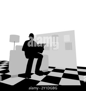 Silhouette of man sitting in armchair and reading newspaper in room with lamp and bookcase with books isolated on white background. Vector illustratio Stock Vector