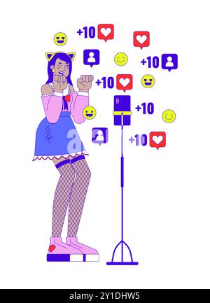 Kawaii female cosplayer in front of phone camera 2D linear cartoon character Stock Vector