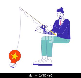 Happy caucasian businessman fishing for ideas 2D linear cartoon character Stock Vector