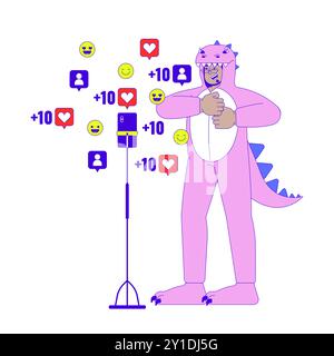 Kigurumi dinosaur man in front of phone camera 2D linear cartoon character Stock Vector