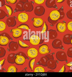 Seamless pattern with Red Kuri squash. Climbing Onion squash, Potimarron squash.Cucurbita maxima. Vegetables. Isolated vector illustration. Stock Vector
