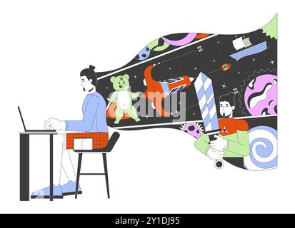 Storytelling by talented man author 2D linear illustration concept Stock Vector