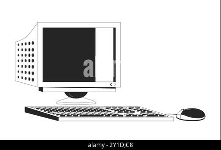 Vintage computer with monitor black and white 2D line cartoon object Stock Vector