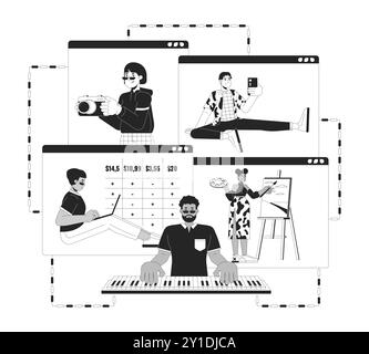 Remote work black and white 2D illustration concept Stock Vector