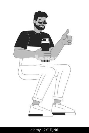 Influencer man with water bottle reusable black and white 2D line cartoon character Stock Vector