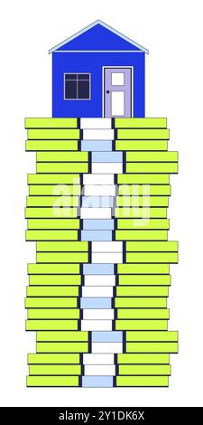 House on high cash money stack 2D linear cartoon object Stock Vector